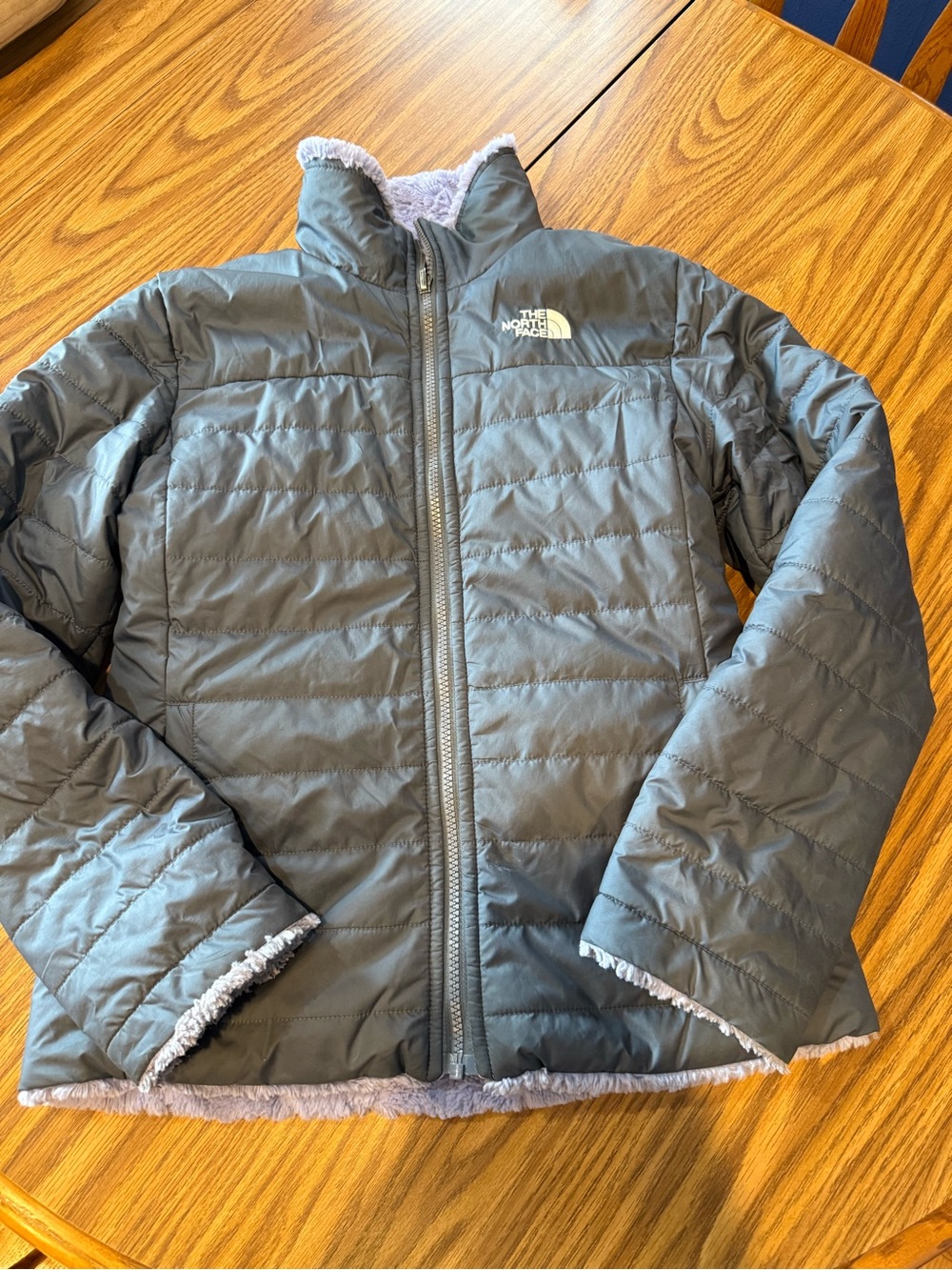 The North Face Kids Grey Quilted Puffer Jacket with Fleece Trim